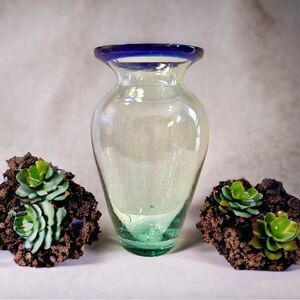 Green Tint Cobalt Blue Rim Bubbled Blown Art Glass Bud Vase